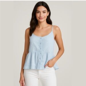 Victorian  Laces Light Blue Camisole eyelets top with Buttons ruffle trim Sz XL